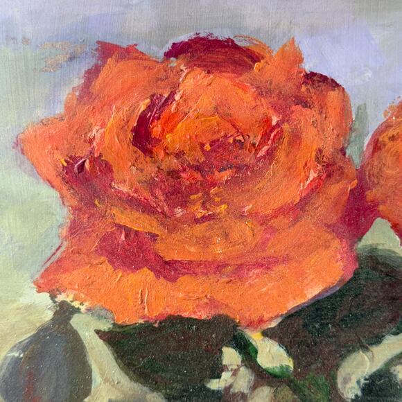 VTG Oil Painting of Two Roses Framed in Ornate Gold Frame - Artist Signed “IRIS” - Picture 4 of 9